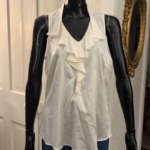 Silk Blend White House Black Market Ivory Sleeveless Ruffled V-Neck Blouse Large